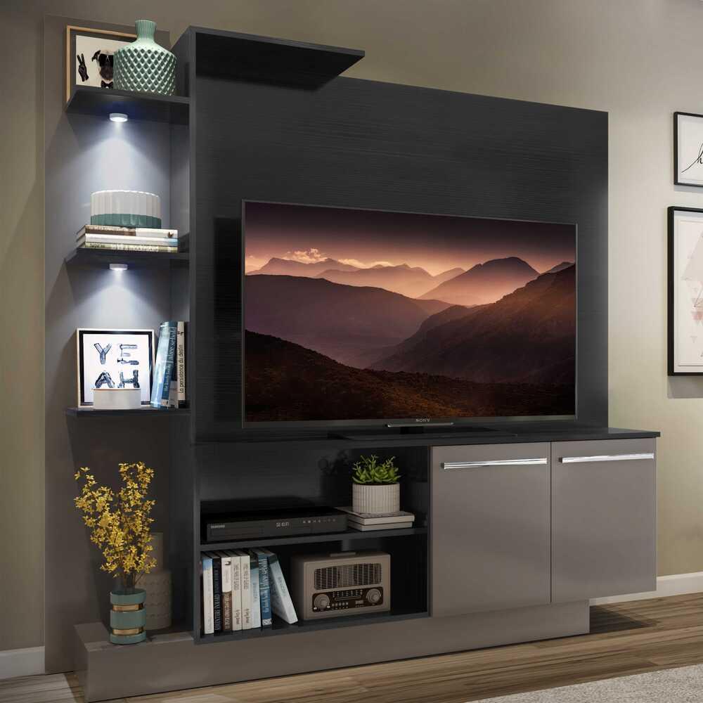 Estante com 2 Leds para TV até 55" Multimóveis Dallas FG3398 Preta/Lacca Fumê