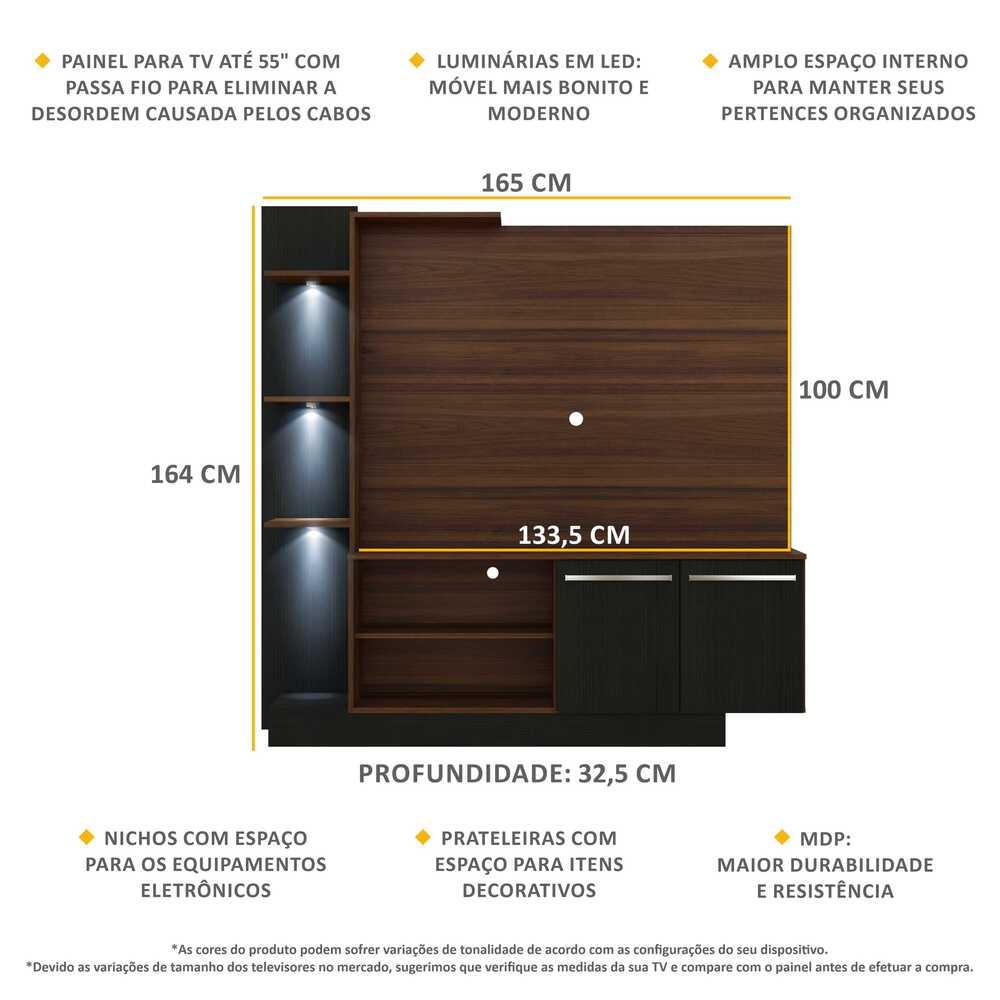 Estante com 3 Leds Painel TV 55" e 2 portas Dallas Multimóveis Madeirado/Preto