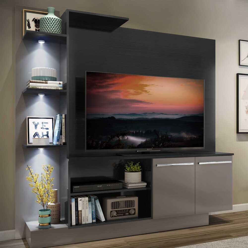 Estante com 3 Leds para TV até 55" Multimóveis Dallas FG3399 Preta/Lacca Fumê