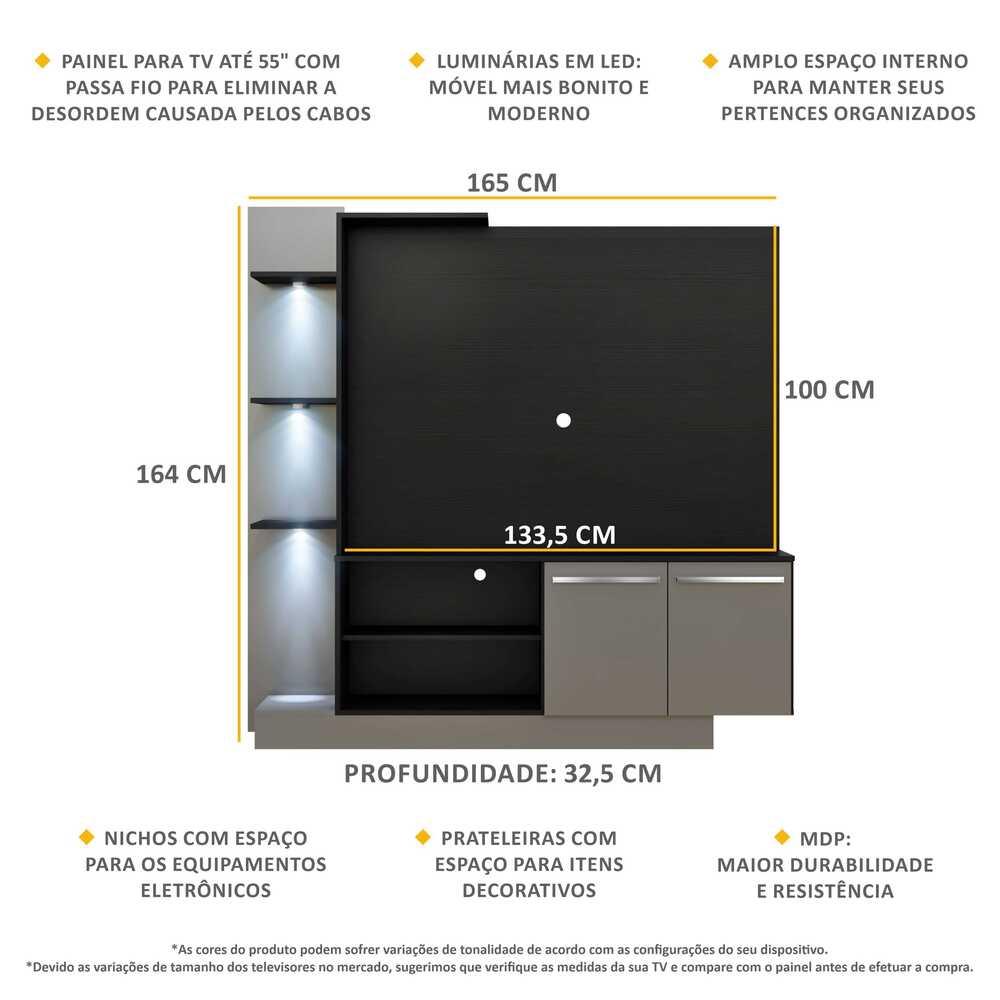Estante com 3 Leds para TV até 55" Multimóveis Dallas FG3399 Preta/Lacca Fumê