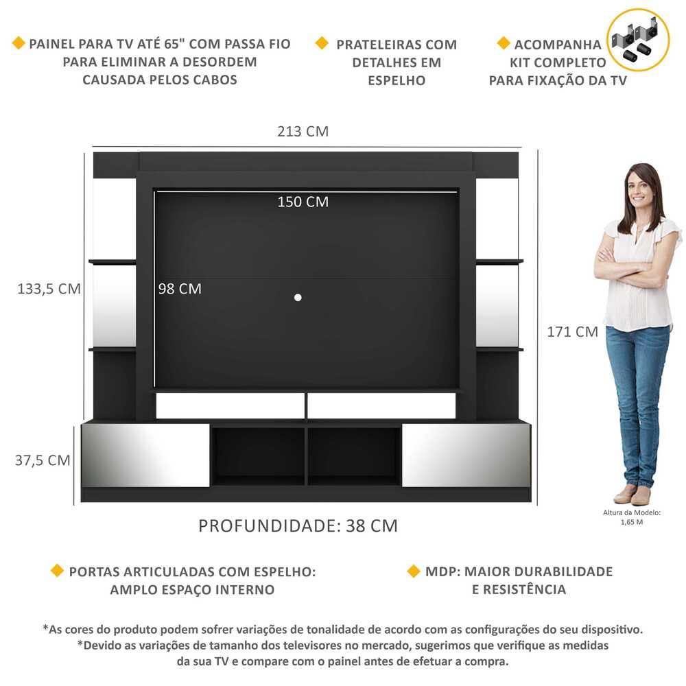 Estante com Espelho e Suporte para TV até 65" Multimóveis Oslo FG3381 Preta/Madeirada