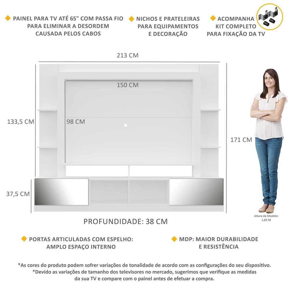 Estante com Espelho e Suporte para TV até 65" Multimóveis Oslo FG3382 Branca