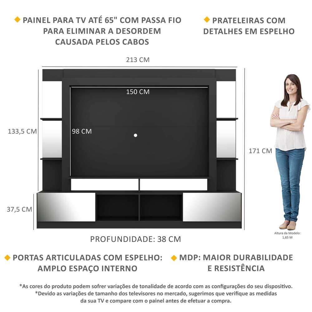 Estante com Espelho para TV até 65" Multimóveis Oslo FG3389 Preta/Branca