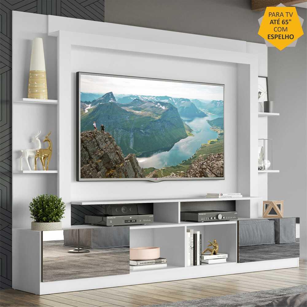 Estante com Espelho para TV até 65" Multimóveis Oslo FG3390 Branca/Tenerife