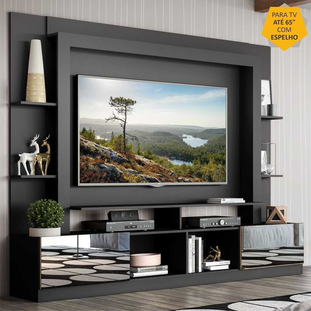 Estante com Espelho para TV até 65" Multimóveis Oslo FG3390 Preta/Madeirada