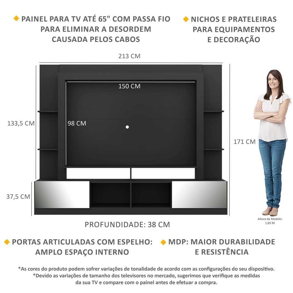 Estante com Espelho para TV até 65" Multimóveis Oslo FG3390 Preta/Tenerife