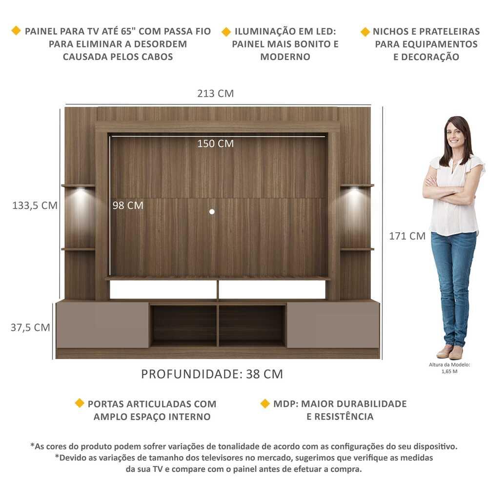 Estante com Leds para TV até 65" Multimóveis Berlim FG3392 Madeirada/Lacca Fumê