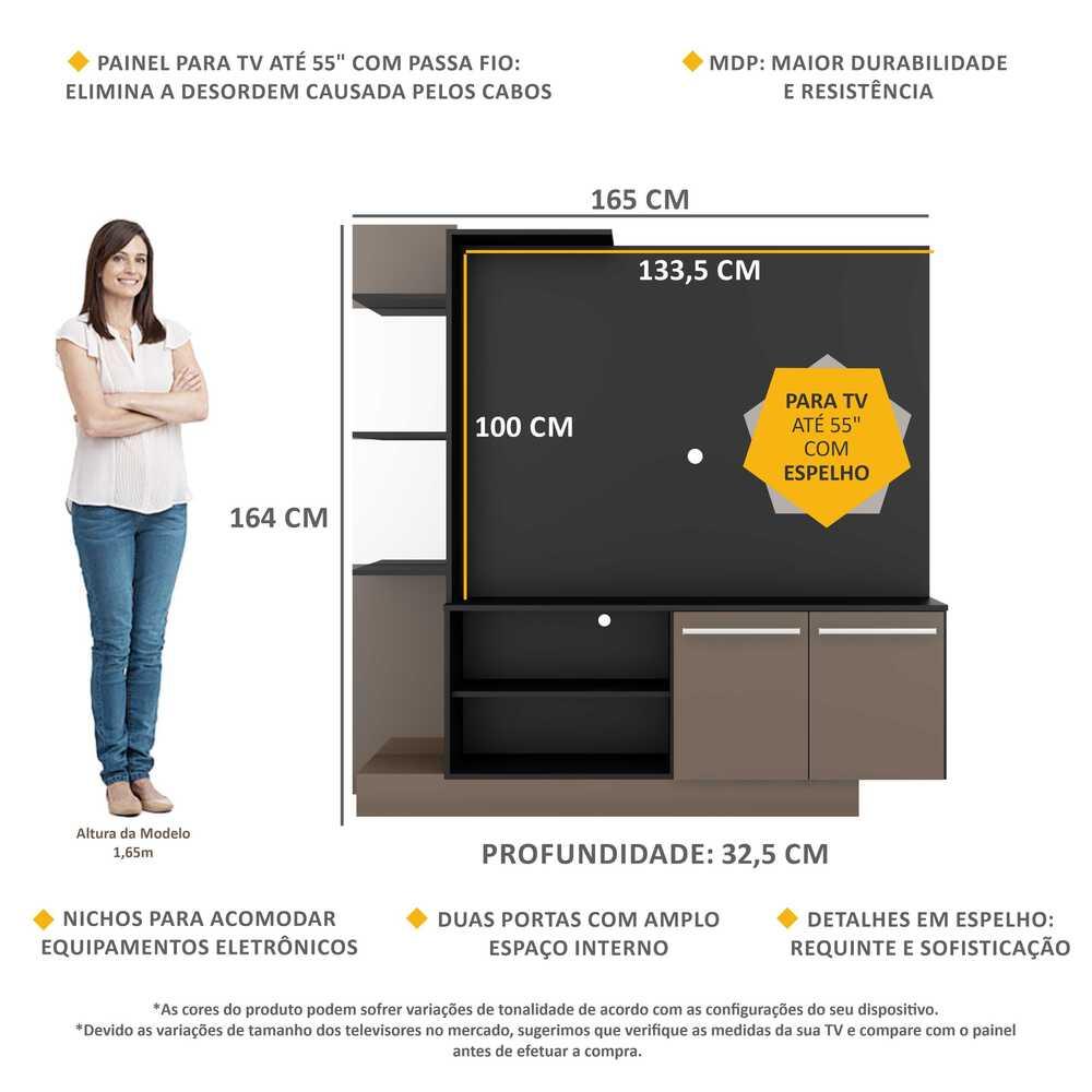 Estante com Painel TV 55" com Espelho Denver Multimóveis Preto/Lacca Fumê