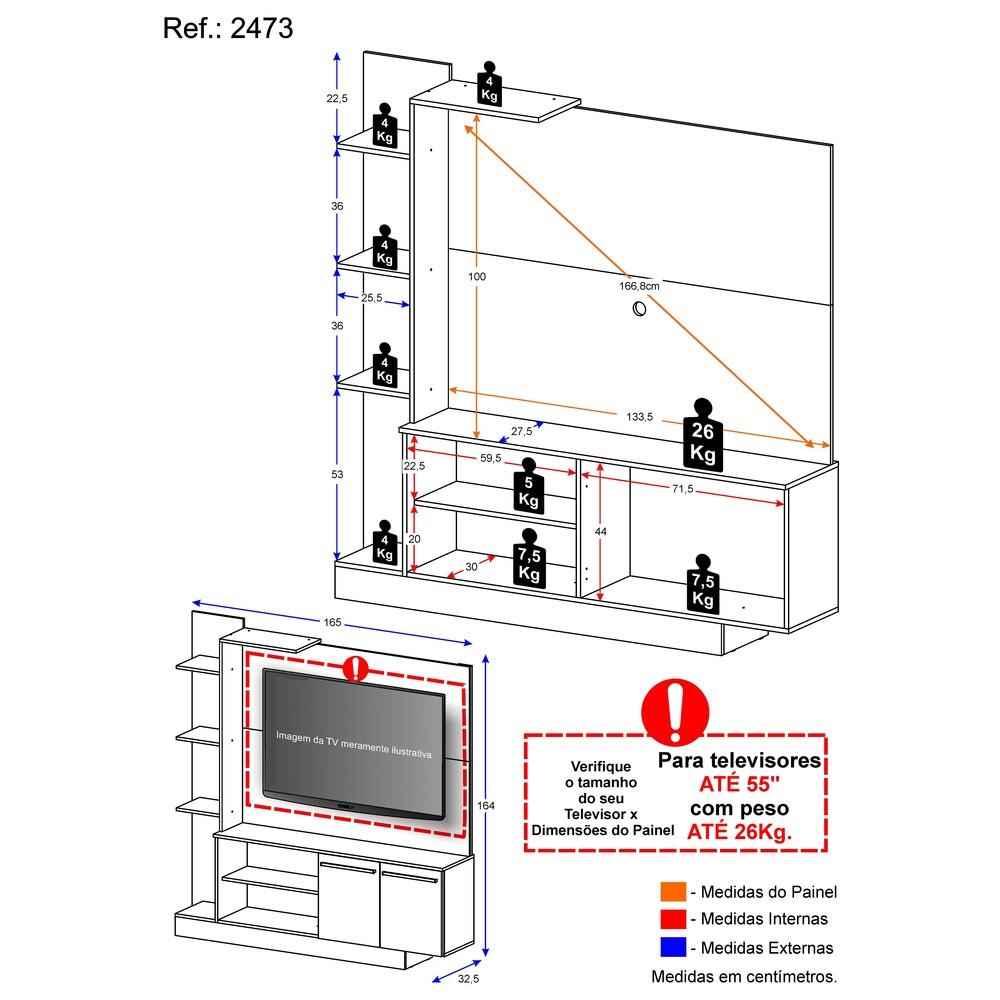 Estante com Painel TV 55" e 2 portas Denver Multimóveis Rustic/Preto