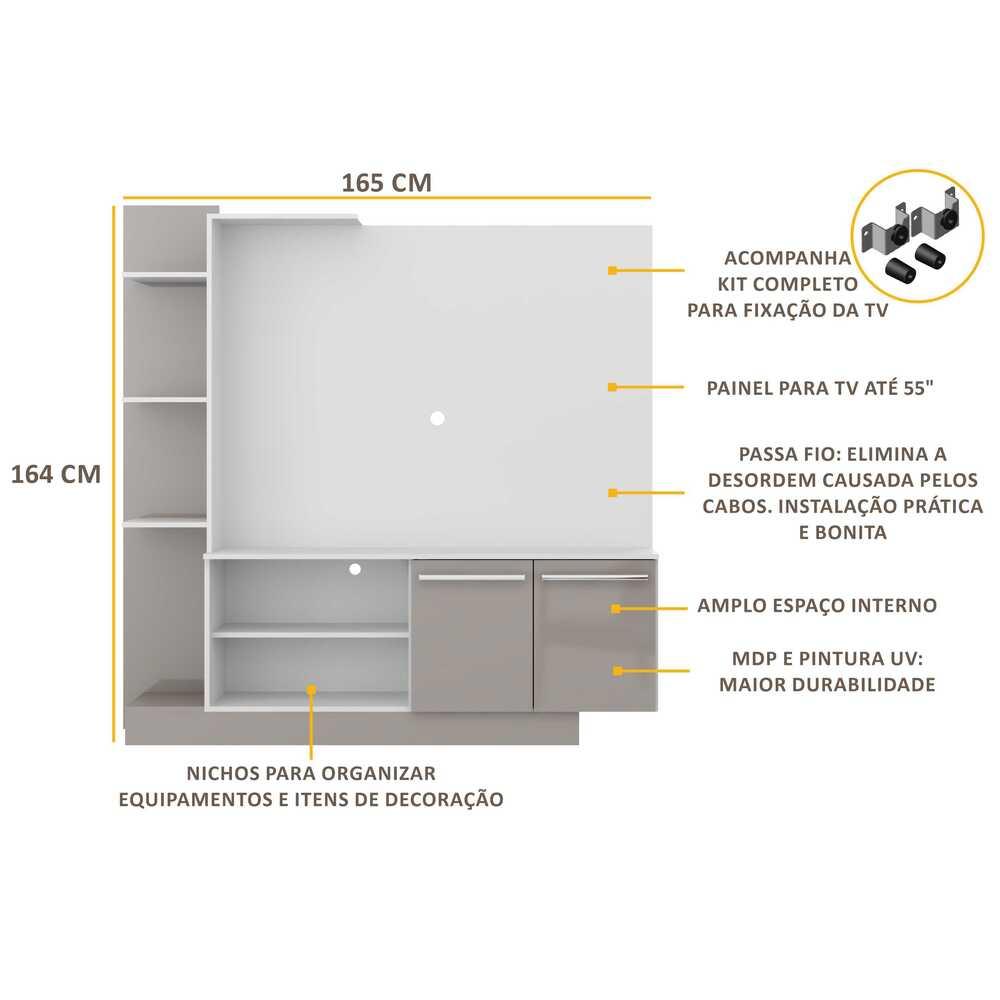 Estante com Suporte para TV até 55" Multimóveis Denver FG3069 Branca/Lacca Fumê
