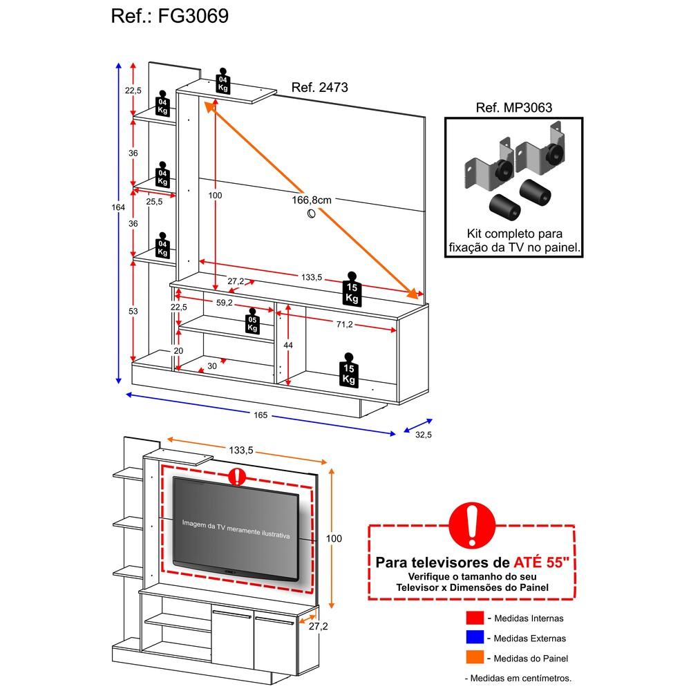 Estante com Suporte para TV até 55" Multimóveis Denver FG3069 Branca/Madeirada