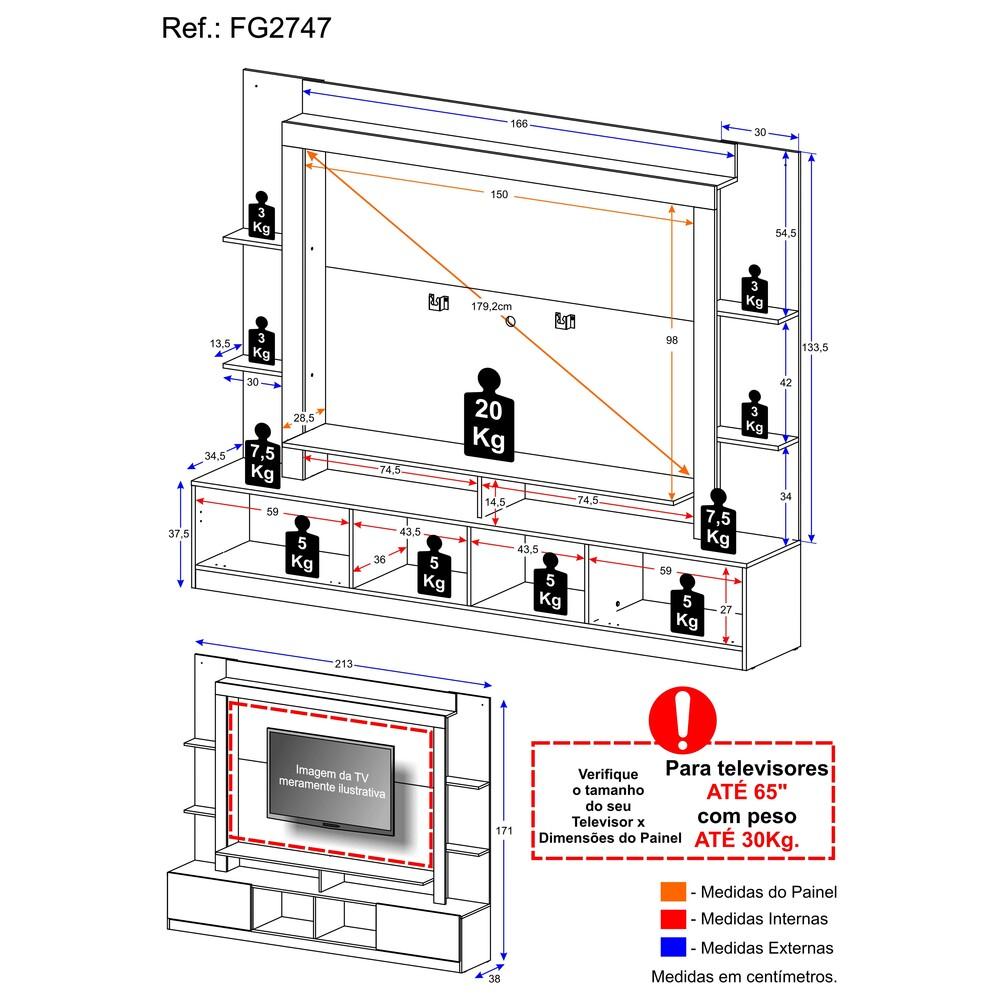 Estante com Suporte para TV até 65" Multimóveis Moscou FG2747 Preta/Branca