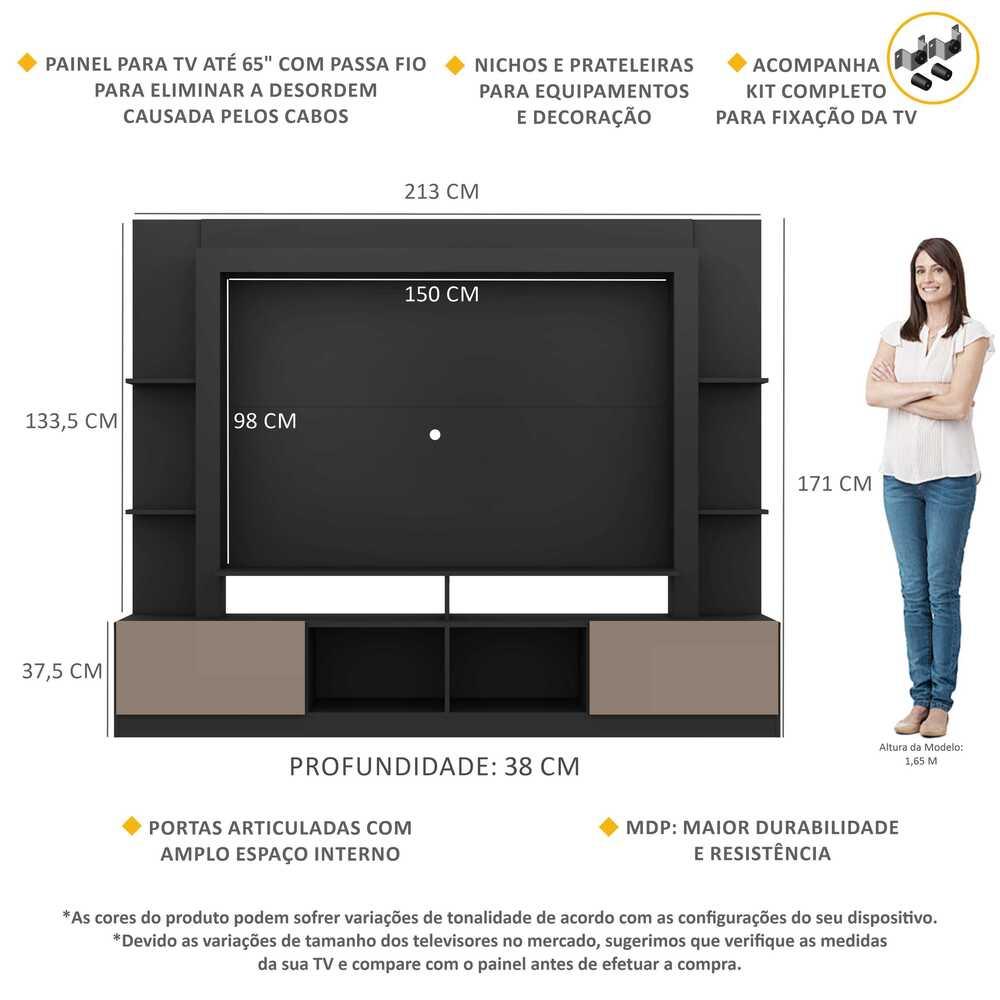 Estante com Suporte para TV até 65" Multimóveis Moscou FG2747 Preta/Lacca Fumê