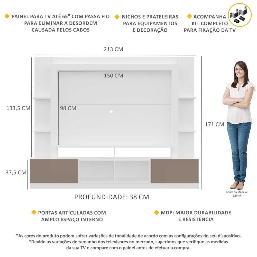Estante com Suporte para TV até 65" Multimóveis Oslo FG3386 Branca/Lacca Fumê