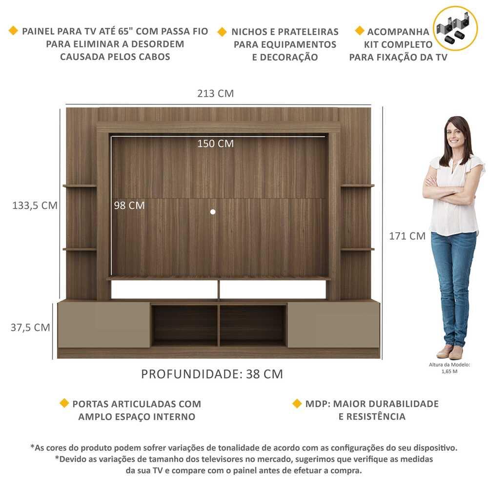 Estante com Suporte para TV até 65" Multimóveis Oslo FG3386 Madeirada/Lacca Fumê