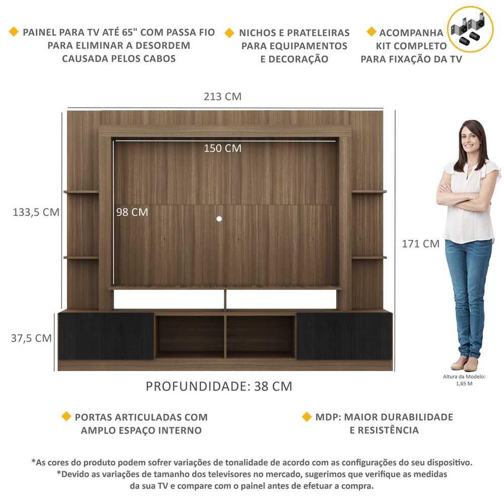 Estante com Suporte para TV até 65" Multimóveis Oslo FG3386 Madeirada/Preta