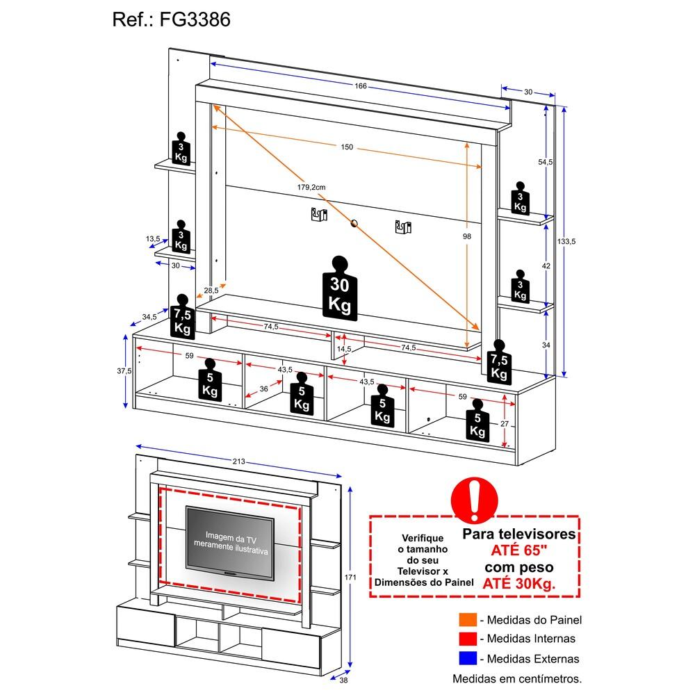 Estante com Suporte para TV até 65" Multimóveis Oslo FG3386 Madeirada/Preta