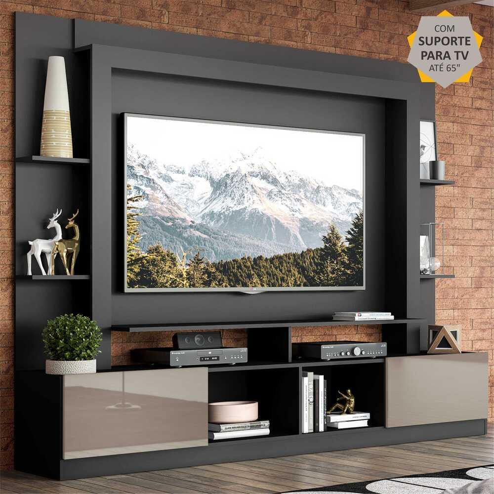 Estante com Suporte para TV até 65" Multimóveis Oslo FG3386 Preta/Lacca Fumê
