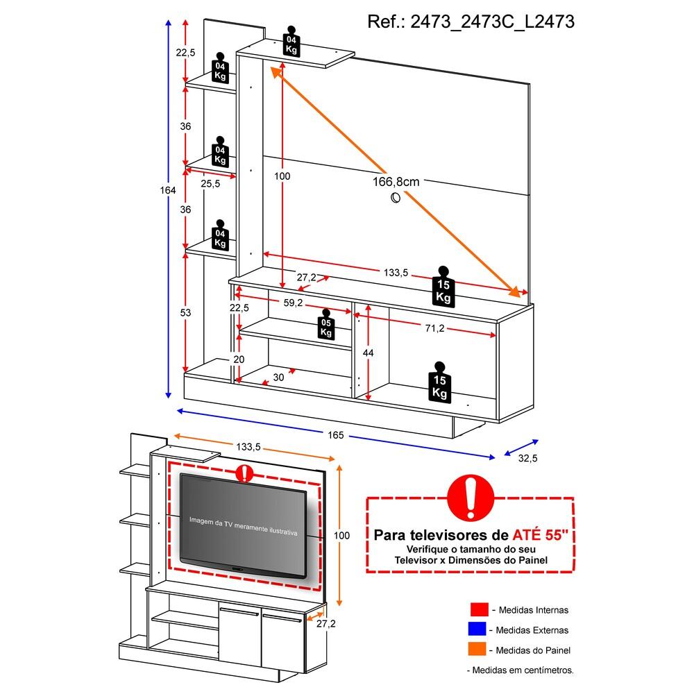 Estante com painel para TV até 55 polegadas e 2 portas Porto Multimóveis Branco/Madeirado