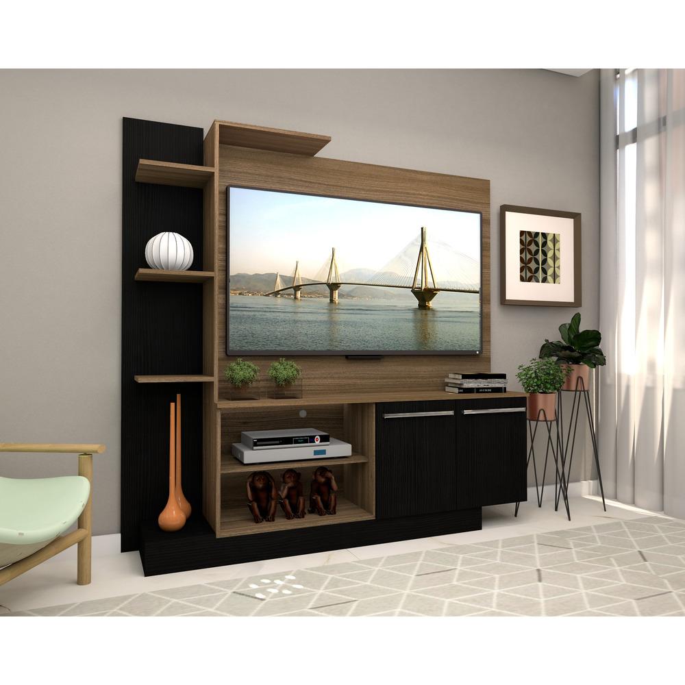 Estante com painel para TV até 55 polegadas e 2 portas Porto Multimóveis Madeirado/Preto