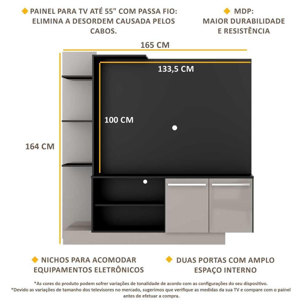 Estante com painel para TV até 55 polegadas e 2 portas Porto Multimóveis Preto/Lacca Fumê
