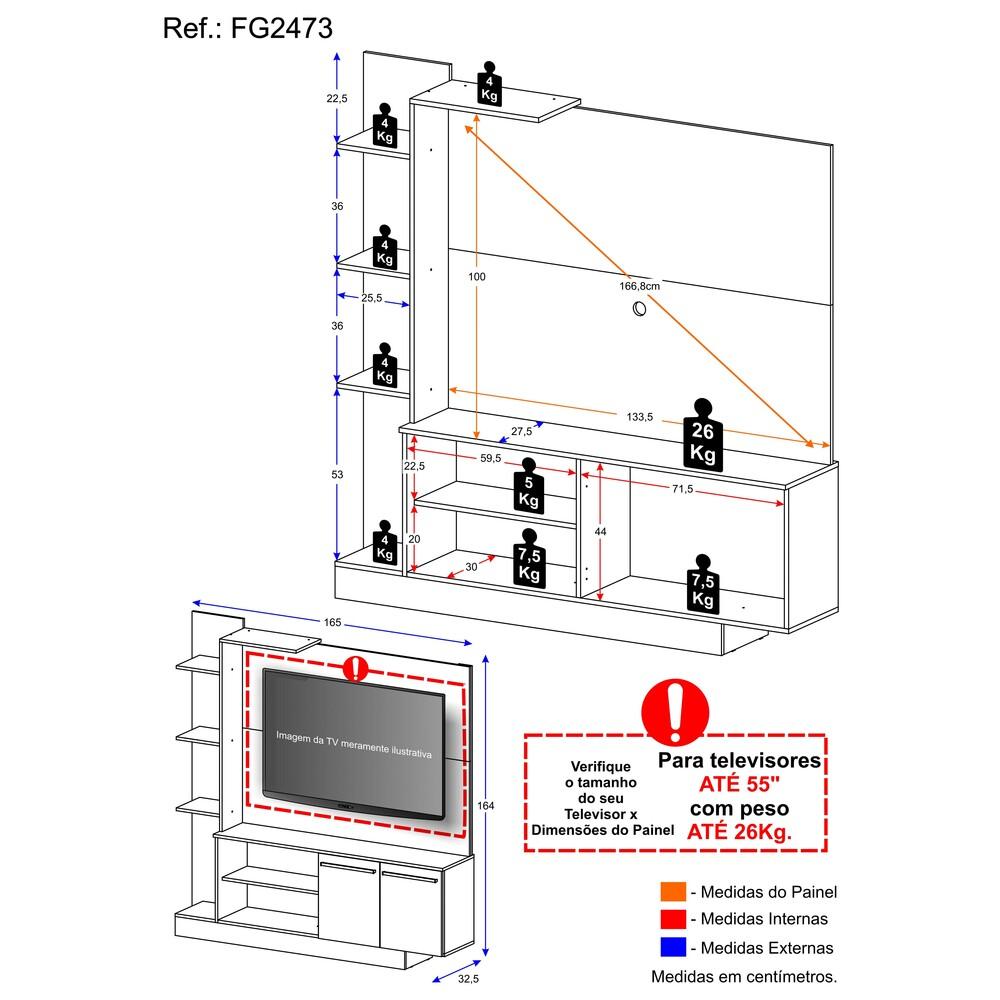 Estante para TV até 55" Multimóveis Denver FG2473 Branca/Lacca Fumê