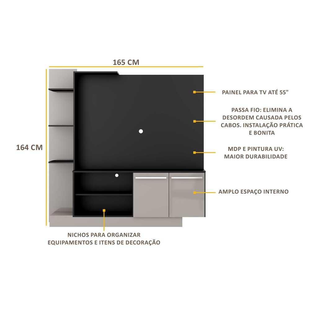 Estante para TV até 55" Multimóveis Denver FG2473 Preta/Lacca Fumê