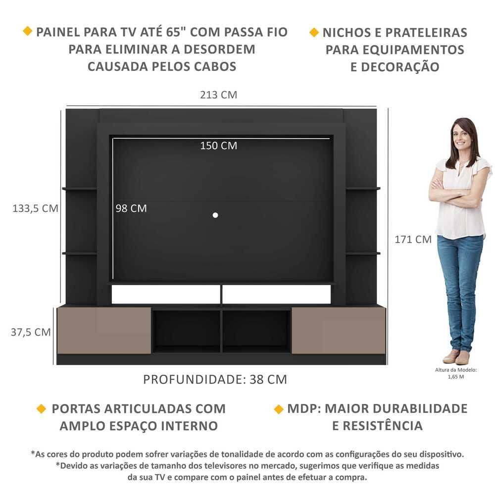Estante para TV até 65" Multimóveis Oslo FG3395 Preta/Lacca Fumê