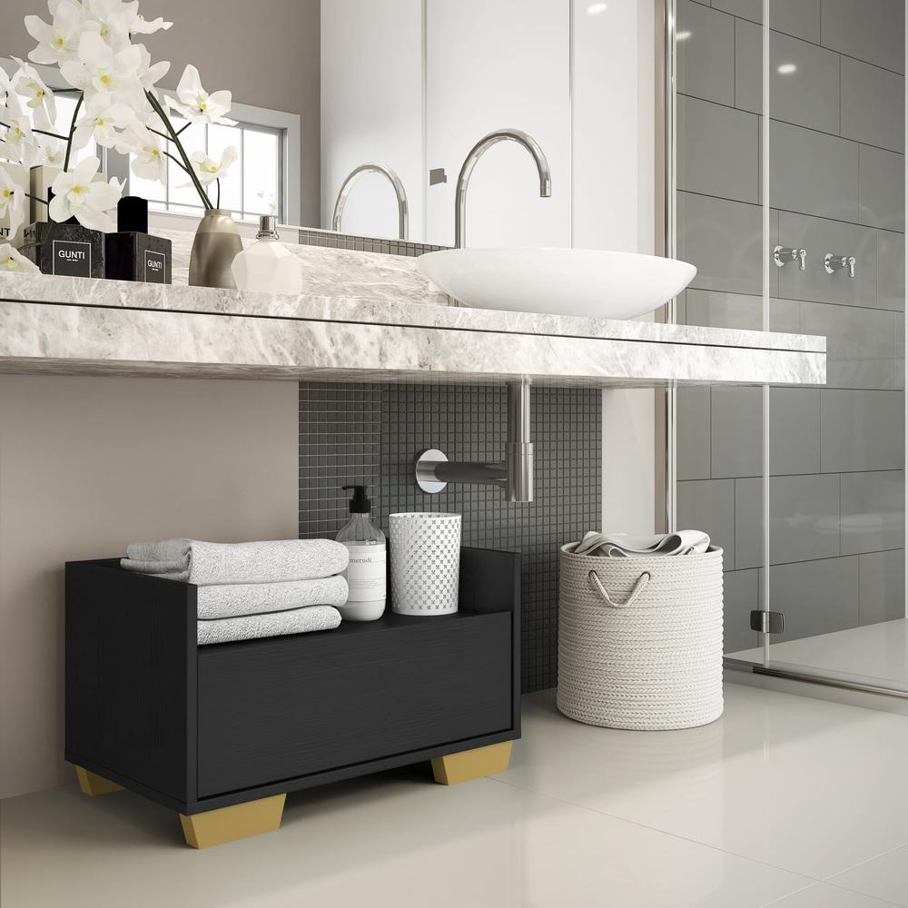 Gabinete Armário Banheiro 80 cm c/ Pés Quadrados Multimóveis Preto/Natural