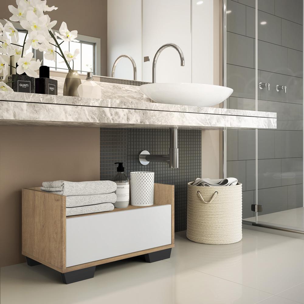 Gabinete Armário Banheiro 80 cm c/ Pés Quadrados Multimóveis Rustic/Branco/Preto