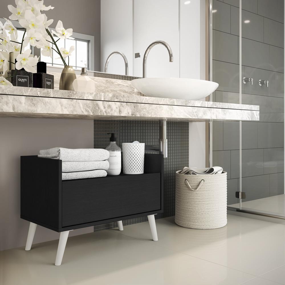 Gabinete Armário Banheiro 80 cm c/ Pés Retrô Multimóveis Preto/Branco