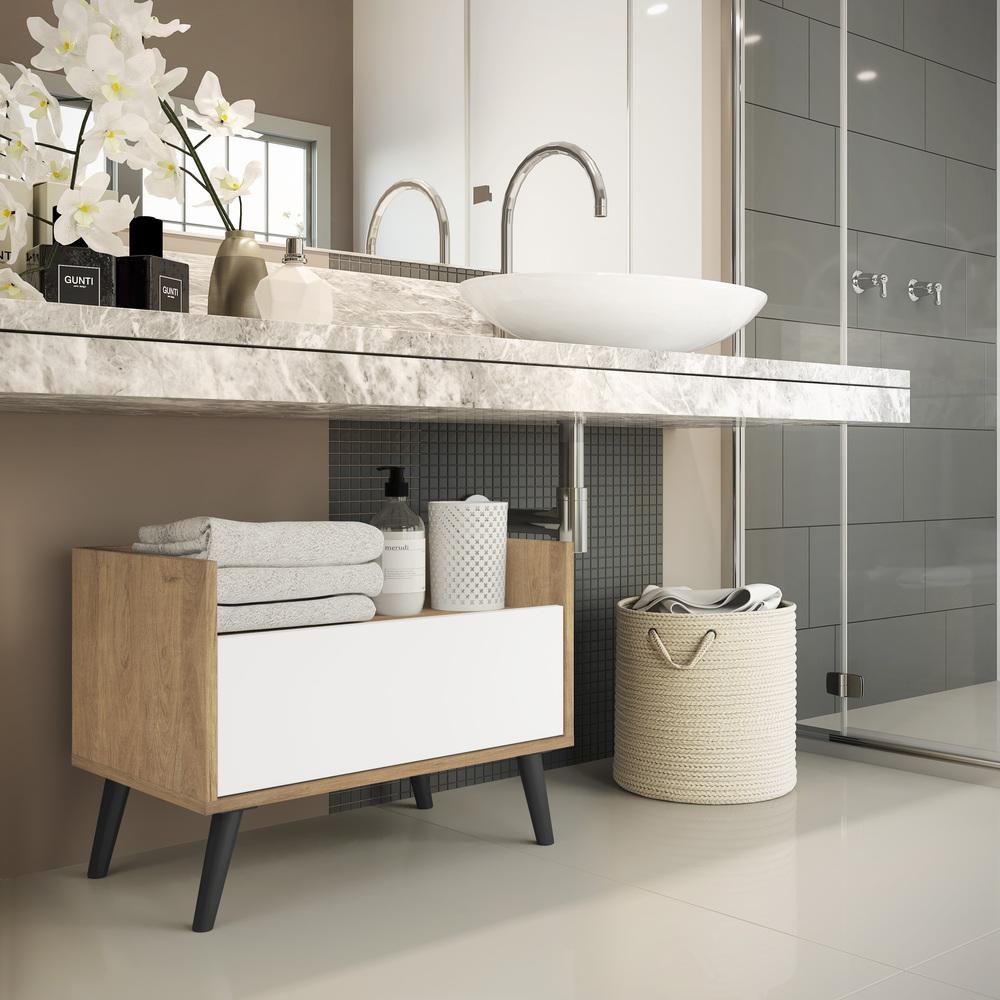 Gabinete Armário Banheiro 80 cm c/ Pés Retrô Multimóveis Rustic/Branco/Preto