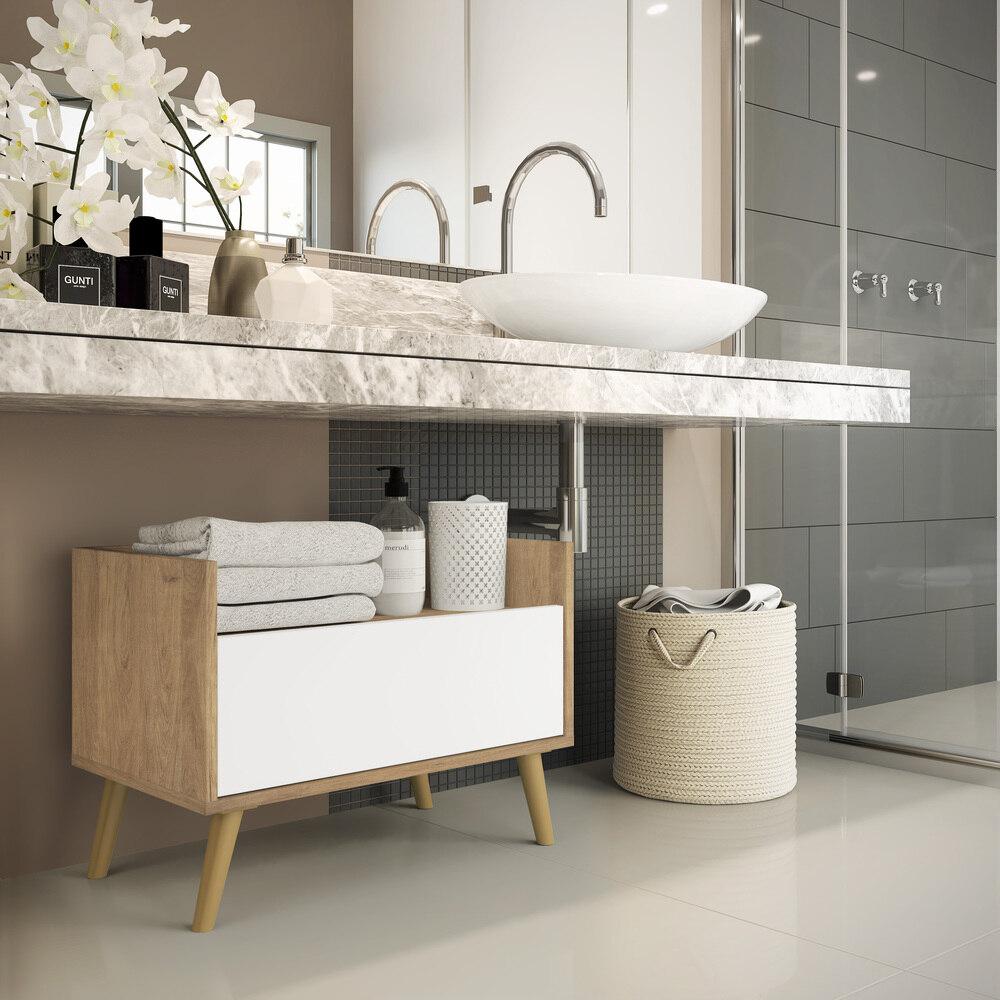 Gabinete Armário Banheiro 80cm Retrô Multimóveis V5000 Rustic/Branco/Natural