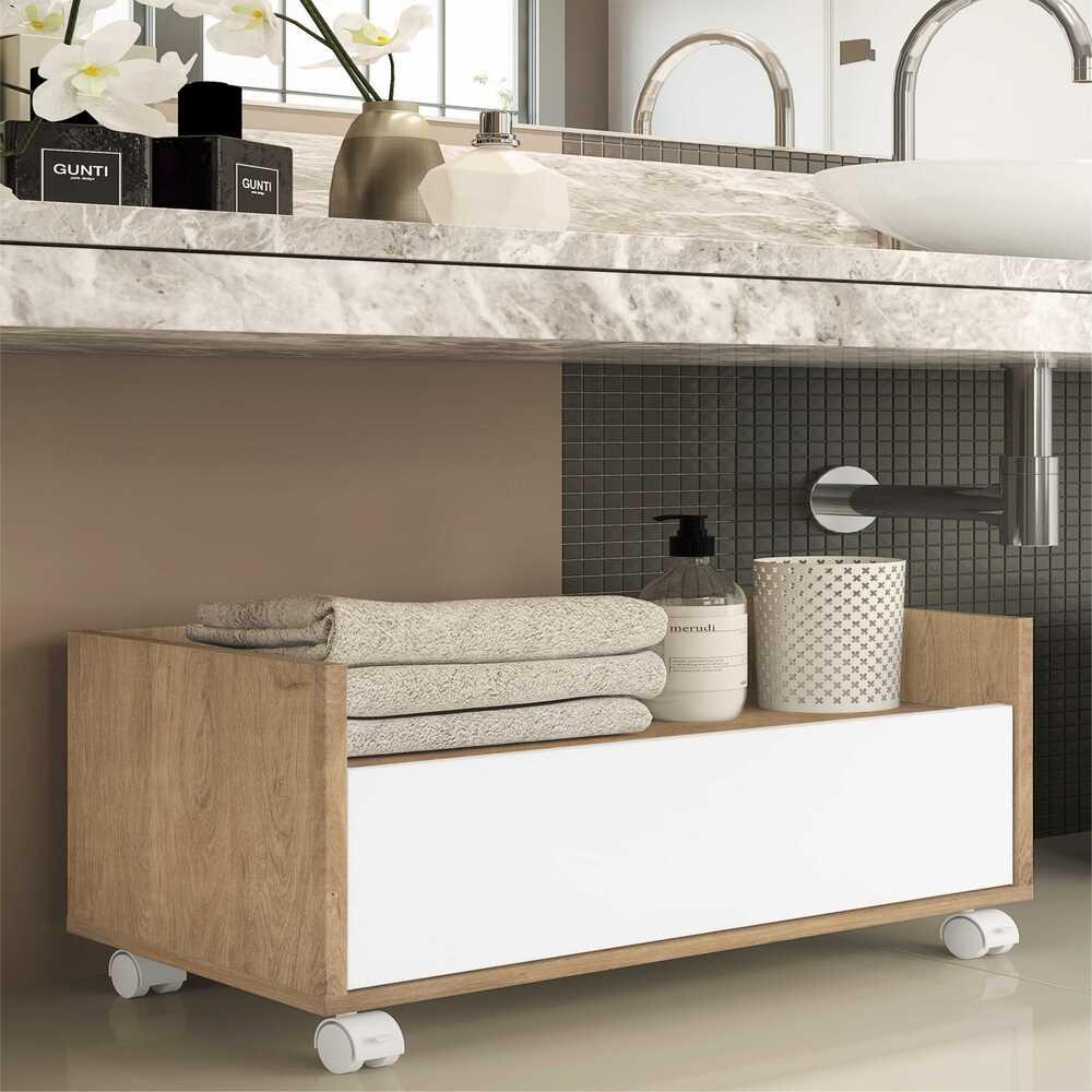 Gabinete Armário Banheiro 80cm com Rodízios Multimóveis V5002 Rustic/Branco