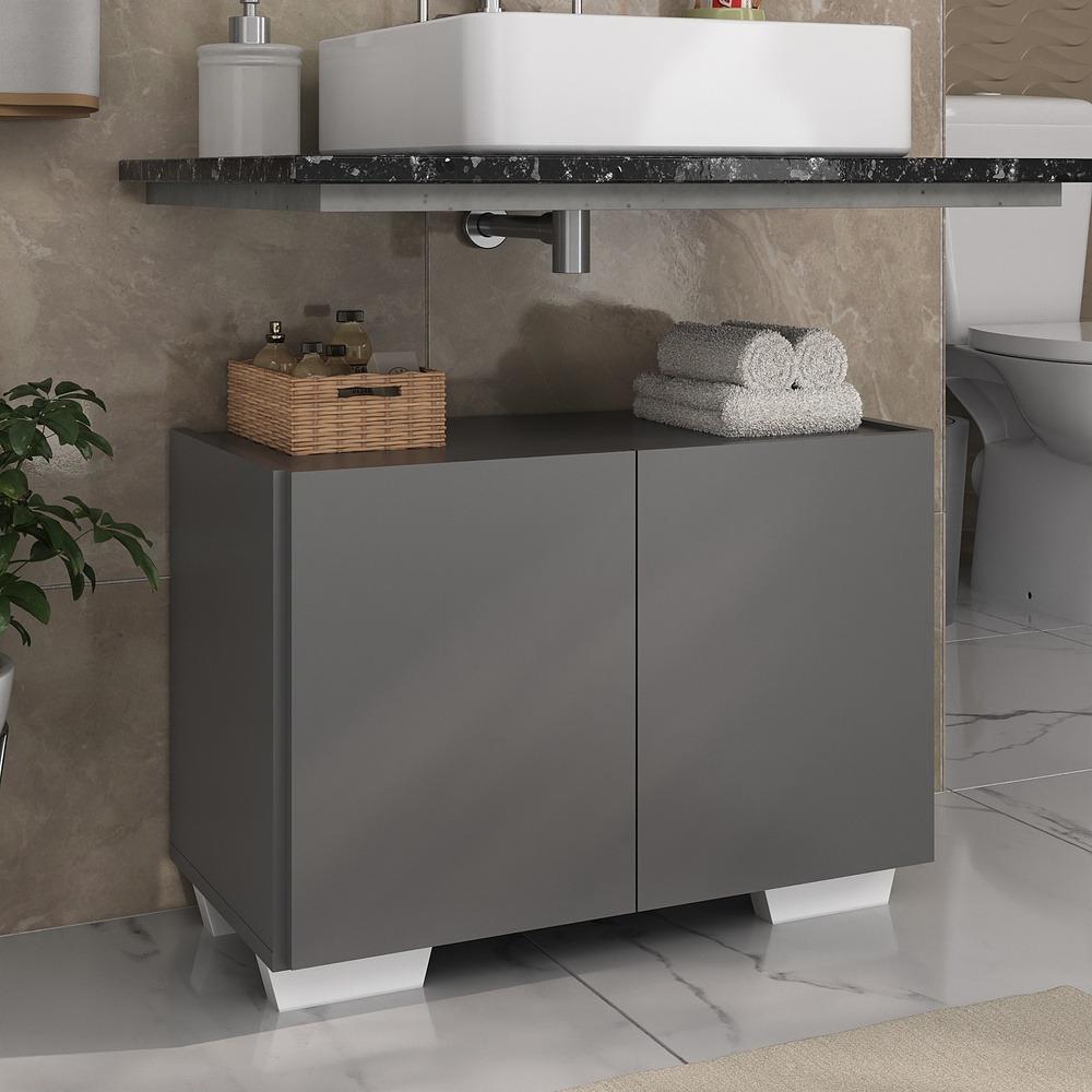 Gabinete Armário de Banheiro 62,5cm 2 Portas com Pés Multimóveis MP5046 Grafite/Branco