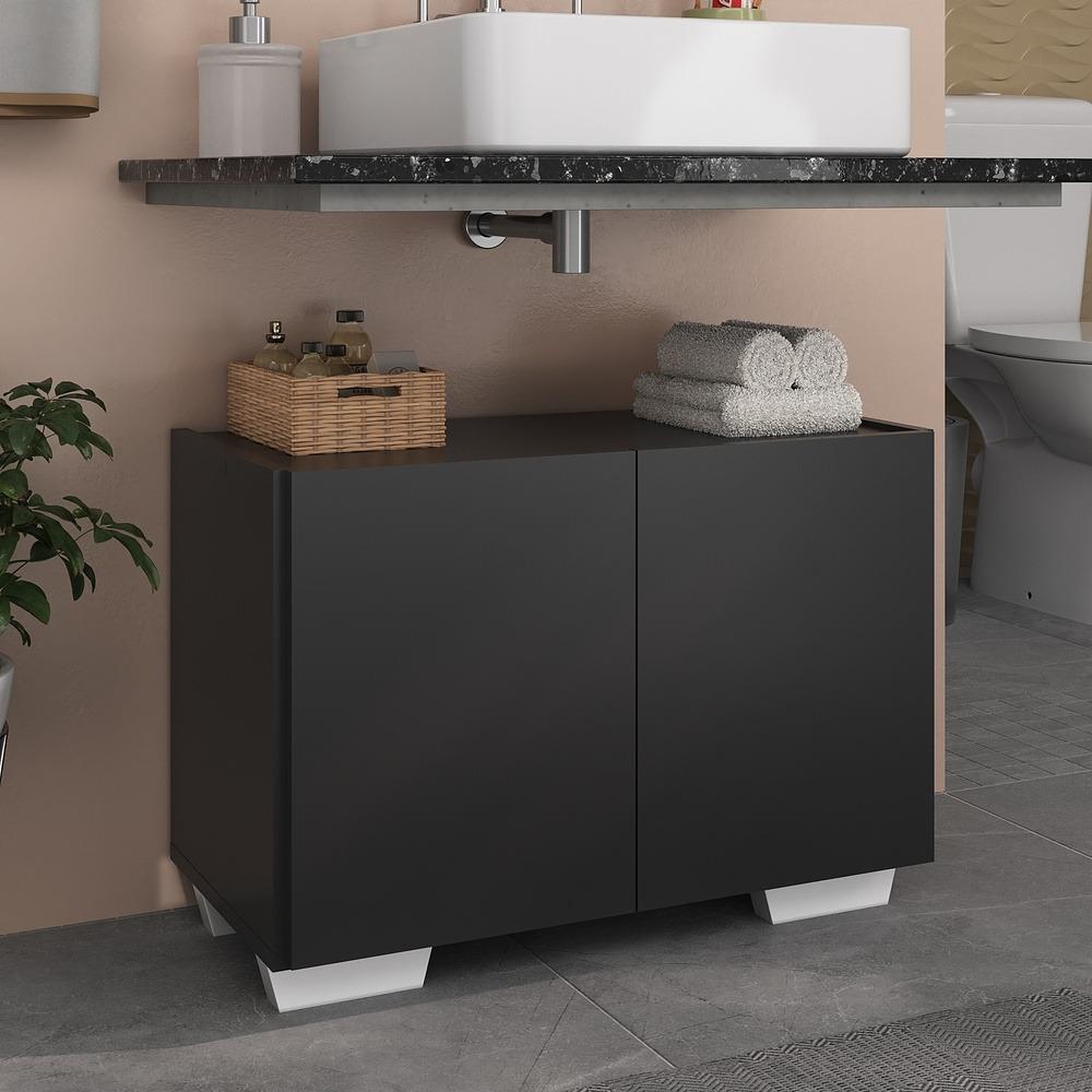 Gabinete Armário de Banheiro 62,5cm 2 Portas com Pés Multimóveis MP5046 Preto/Branco