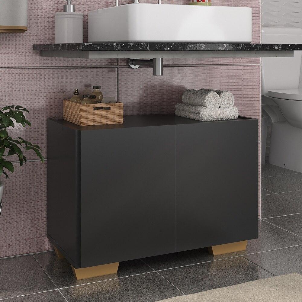 Gabinete Armário de Banheiro 62,5cm 2 Portas com Pés Multimóveis MP5046 Preto/Natural