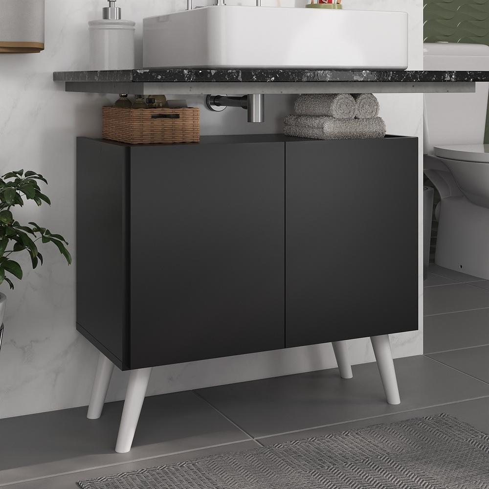 Gabinete Armário de Banheiro 62,5cm Retrô 2 Portas Multimóveis MP5045 Preto/Branco