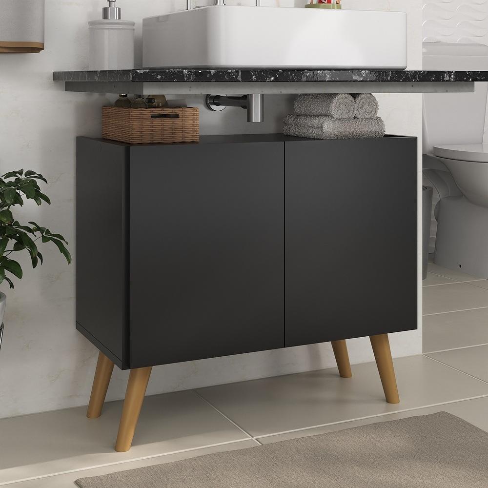 Gabinete Armário de Banheiro 62,5cm Retrô 2 Portas Multimóveis MP5045 Preto/Natural