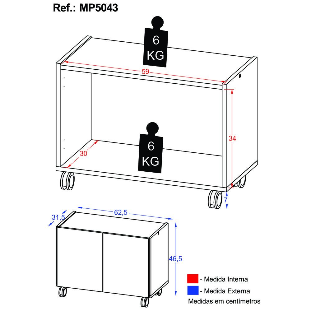 Gabinete Armário de Banheiro 62,5cm com Rodízios 2 Portas Multimóveis MP5043 Branco