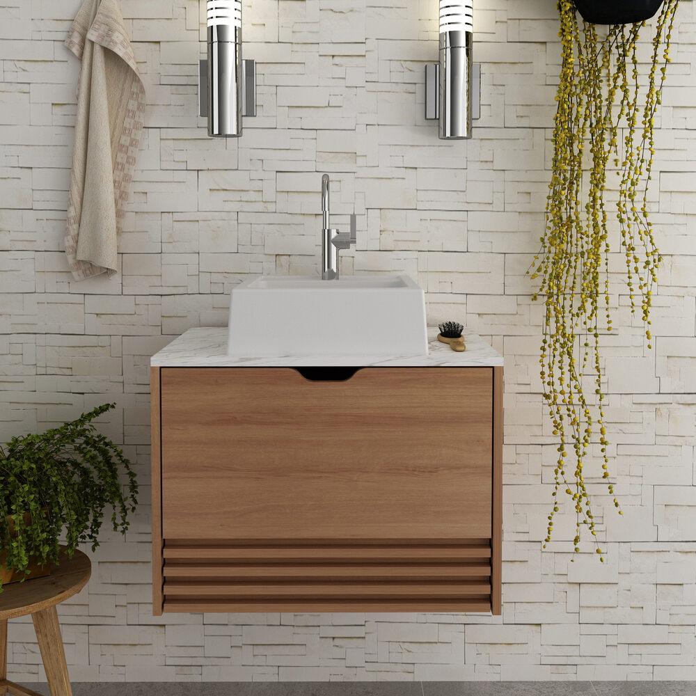 Gabinete Banheiro 1 Porta 1 Gaveta 60cm Suspenso Multimóveis VCR10091 Amêndoa/Mármore Branco