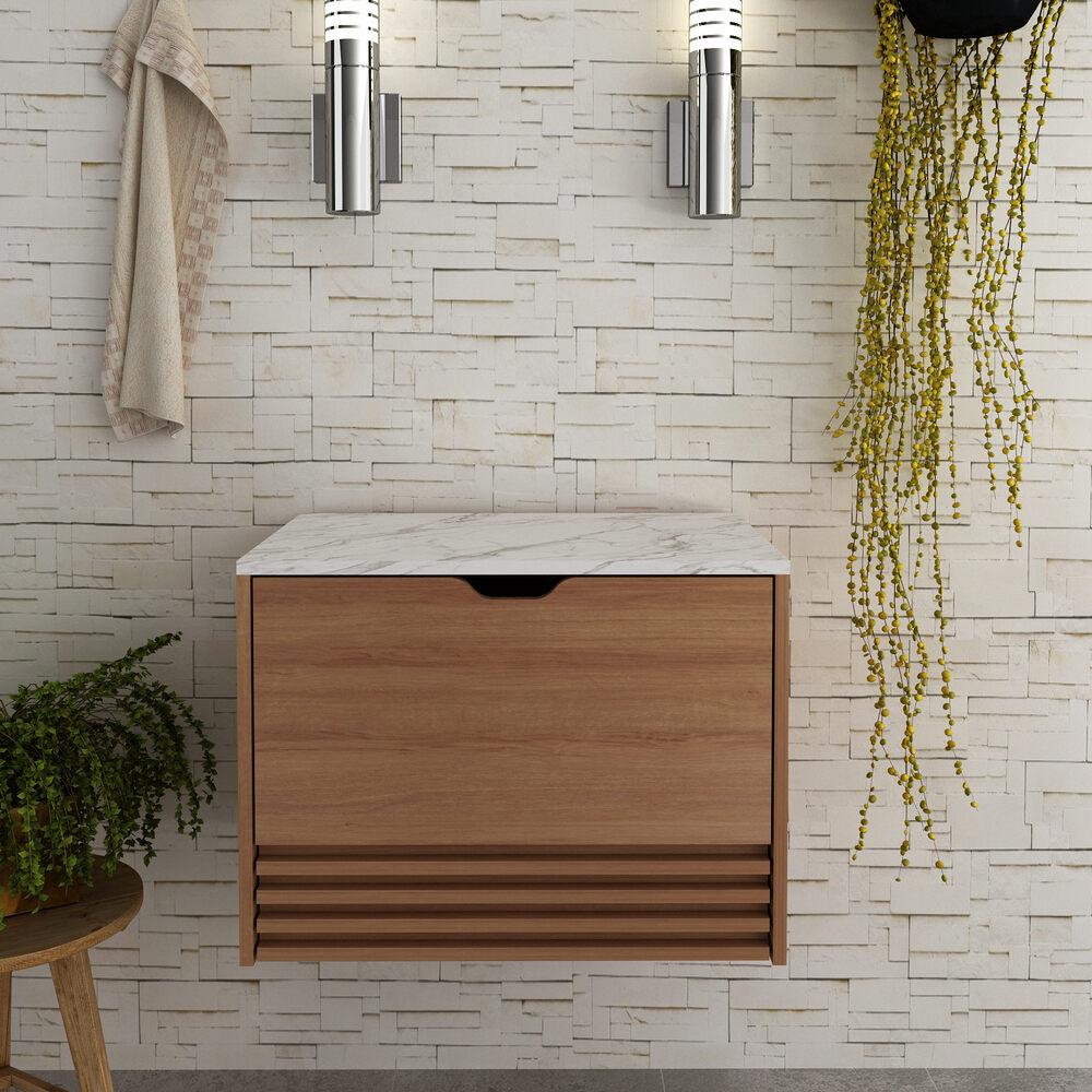 Gabinete Banheiro 1 Porta 1 Gaveta 60cm Suspenso Multimóveis VCR10091 Amêndoa/Mármore Branco