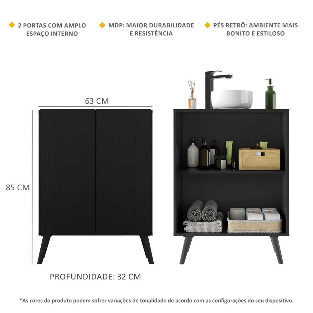 Gabinete Banheiro 2 Portas Retrô 63cm Multimóveis V5006 Preto