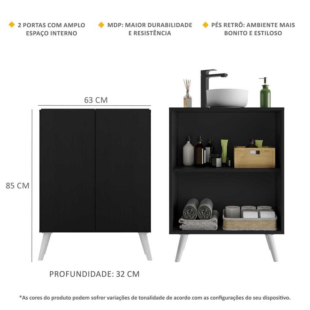 Gabinete Banheiro 2 Portas Retrô 63cm Multimóveis V5006 Preto/Branco