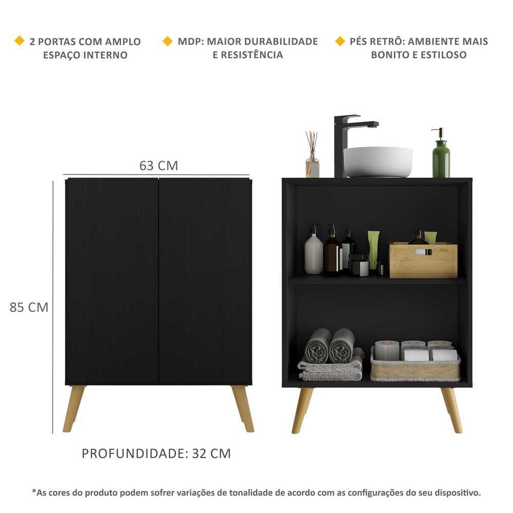 Gabinete Banheiro 2 Portas Retrô 63cm Multimóveis V5006 Preto/Natural