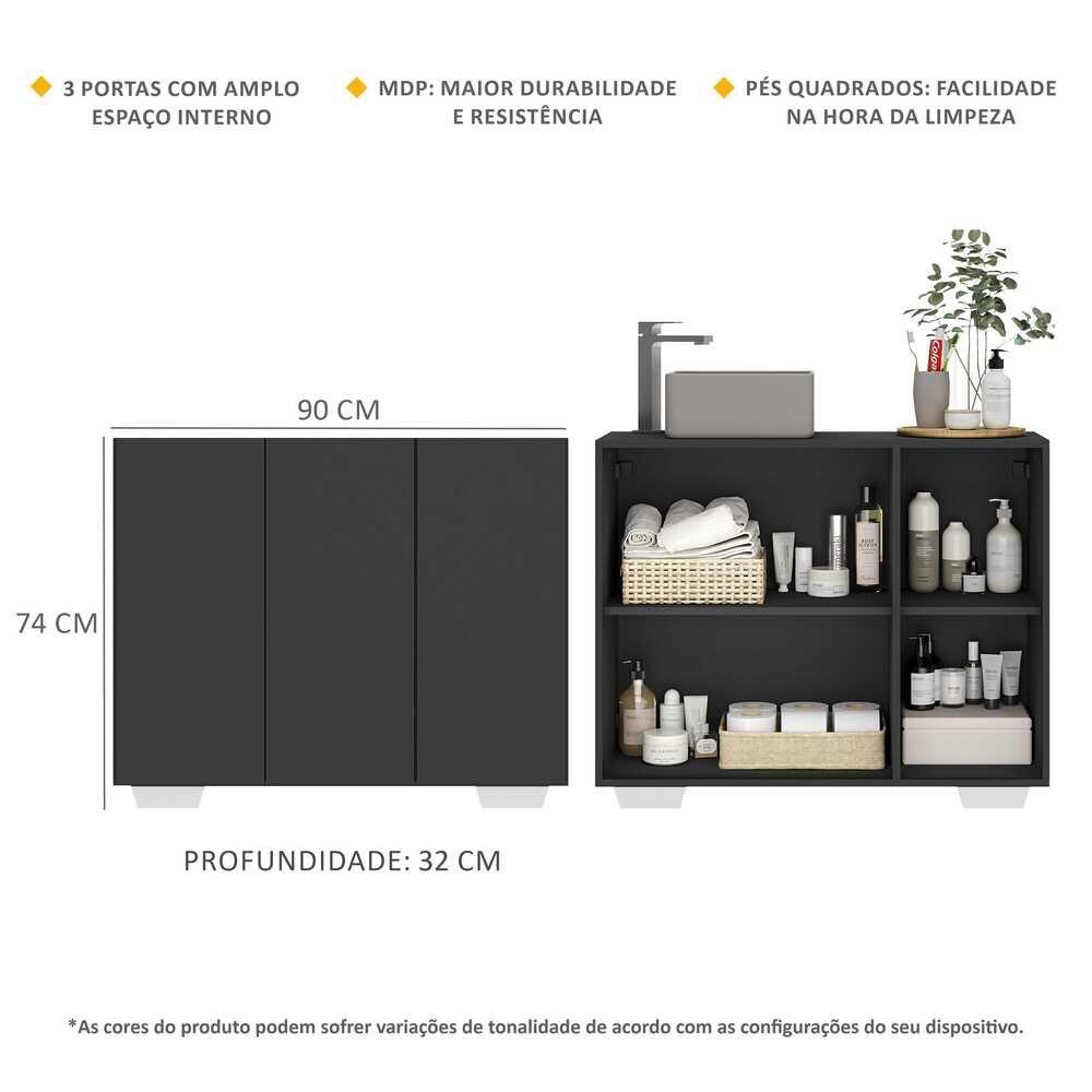 Gabinete Banheiro 3 Portas 90cm Multimóveis MP5031 Preto/Branco