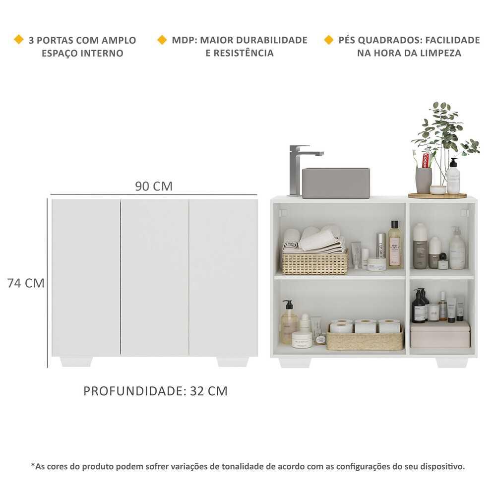 Gabinete Banheiro 3 Portas 90cm Multimóveis V5031 Branco