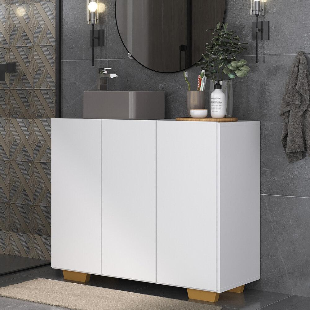 Gabinete Banheiro 3 Portas 90cm Multimóveis V5031 Branco/Natural