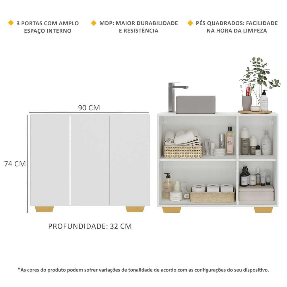 Gabinete Banheiro 3 Portas 90cm Multimóveis V5031 Branco/Natural