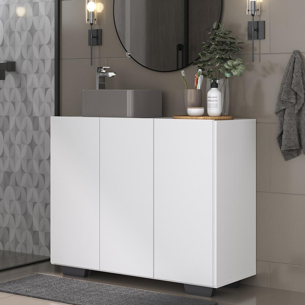 Gabinete Banheiro 3 Portas 90cm Multimóveis V5031 Branco/Preto